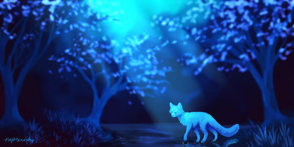 blue monochrome digital painting of a fox walking in a lit area with trees around